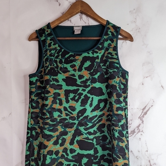 Chicos Leopard Print Dress Green Tank Size 0 Small 4 High Low Hem Animal Midi - Picture 10 of 14